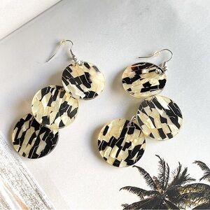 Acrylic Cream and Black Mosaic Circle Dangle Earrings with Rhinestone Accents
